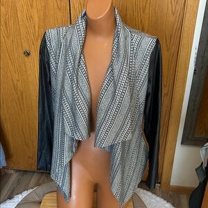 Ark & Co Black and White Draped Open-Front Jacket with Faux Leather Sleeves